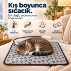 Warmypaw ısıtmalı matın dört özellik ikonu ve üzerinde uyuyan kedi