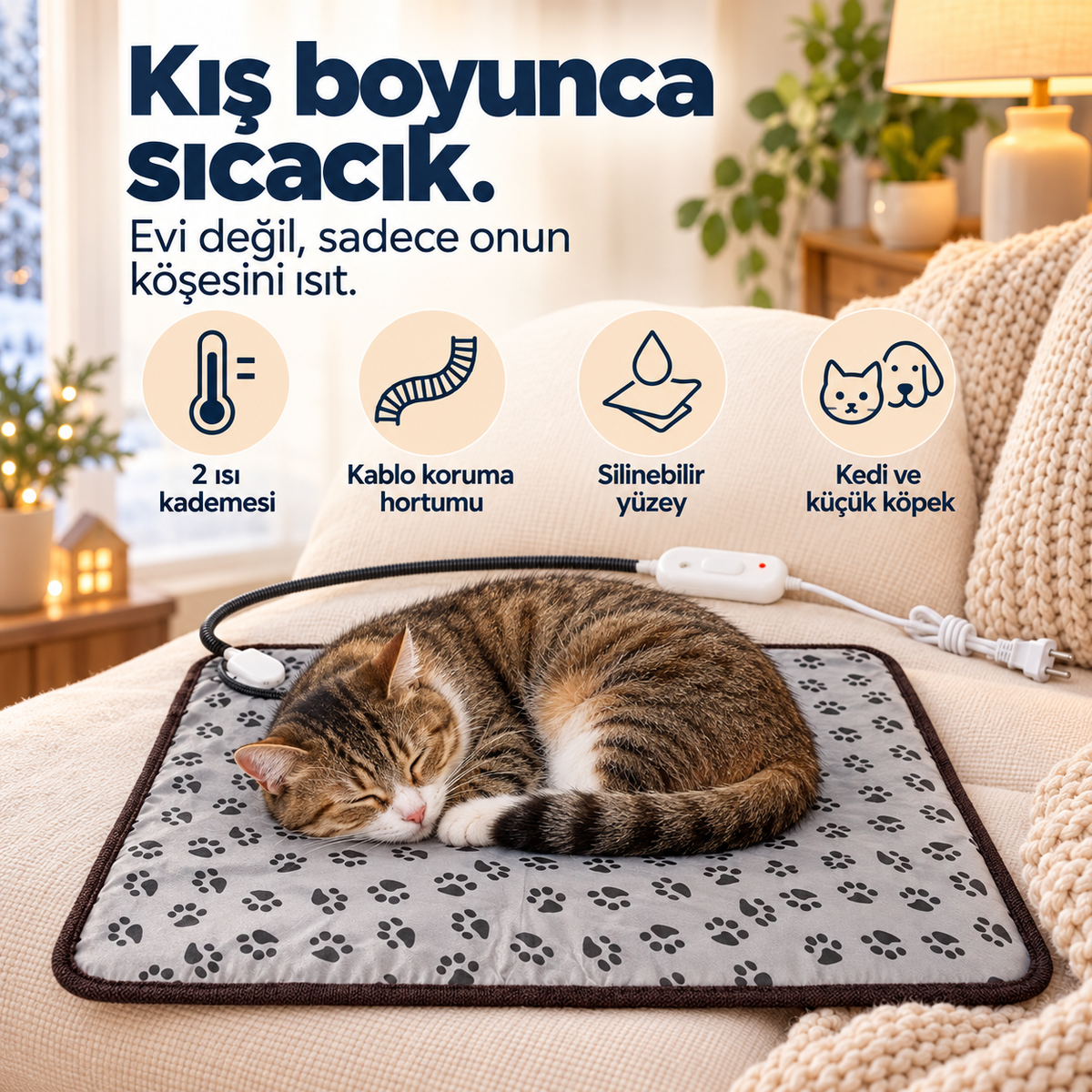 Warmypaw ısıtmalı matın dört özellik ikonu ve üzerinde uyuyan kedi