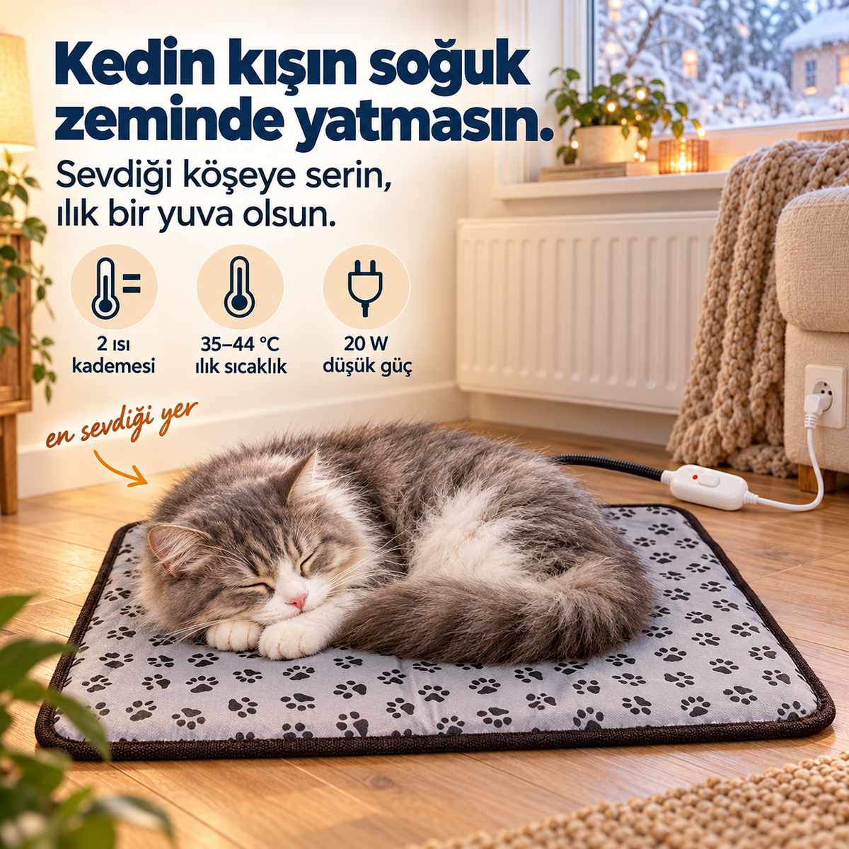 Warmypaw ısıtmalı matın üzerinde uyuyan gri beyaz kedi