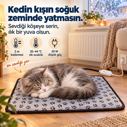 Warmypaw ısıtmalı matın üzerinde uyuyan gri beyaz kedi