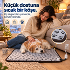 Warmypaw matın üzerinde yatan küçük köpeği seven kadın