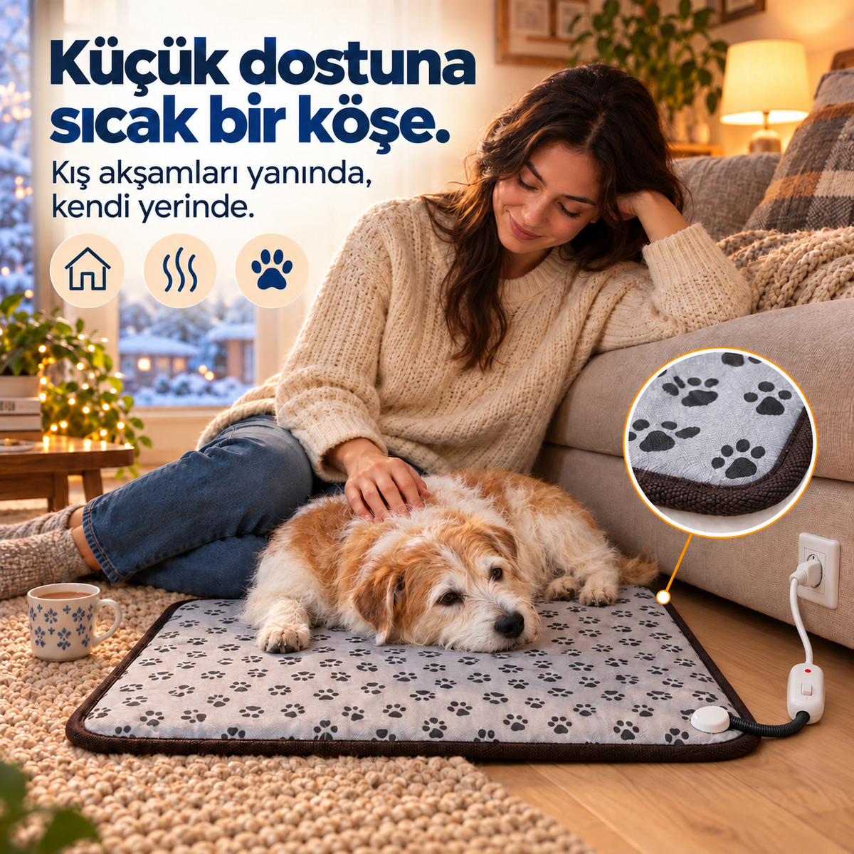 Warmypaw matın üzerinde yatan küçük köpeği seven kadın
